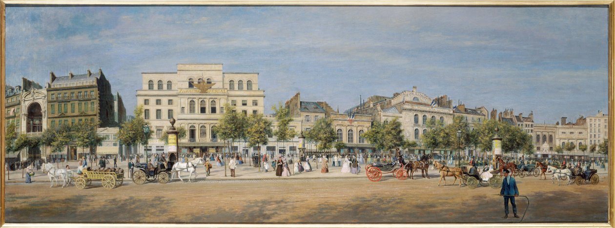 Vue générale des théâtres du boulevard du Temple en 1862, vuonna 1862 (öljy kankaalle) tekijältä Adolphe Martial Potemont