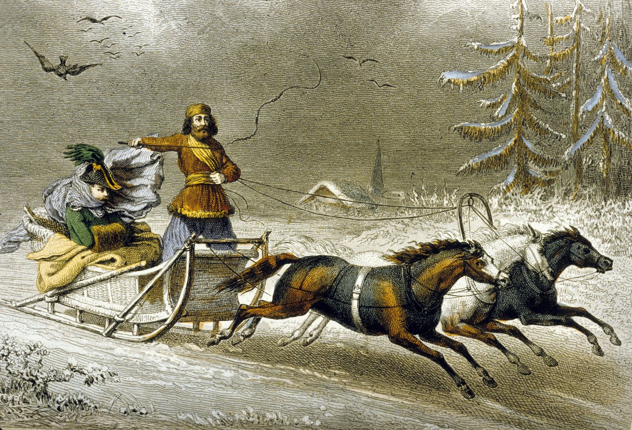 Kelkka lumessa, Venäjä (värikaiverrus) tekijältä Adolphe Rouargue