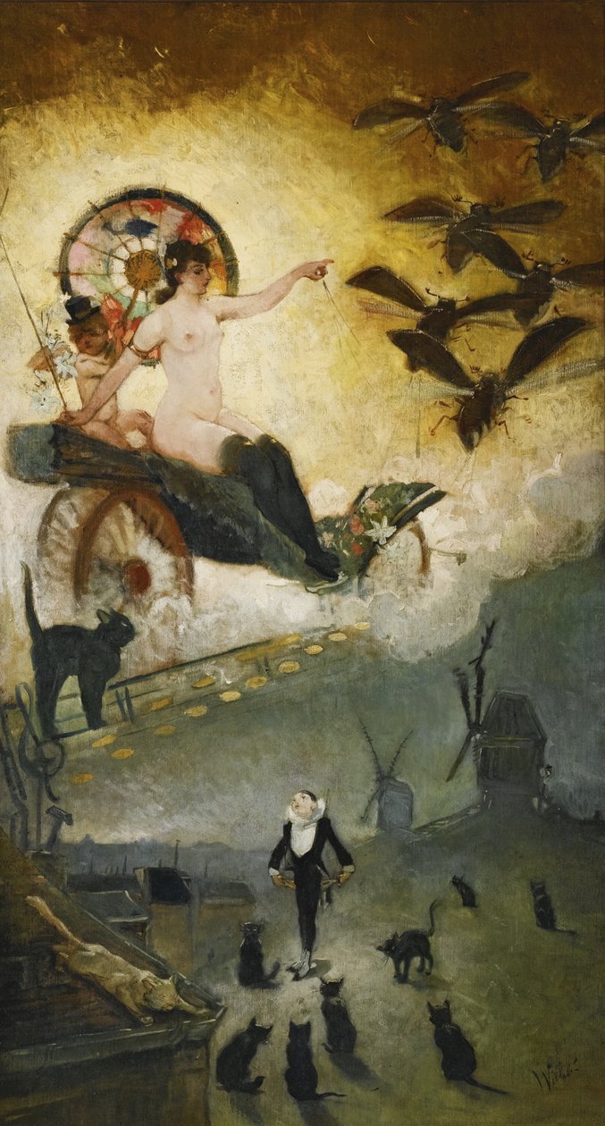 Jäähyväiset 1800-luvulle. Suunnittelu Cabaret-tapahtumapaikan Le Chat Noirin sisustamiseen M tekijältä Adolphe Leon Willette