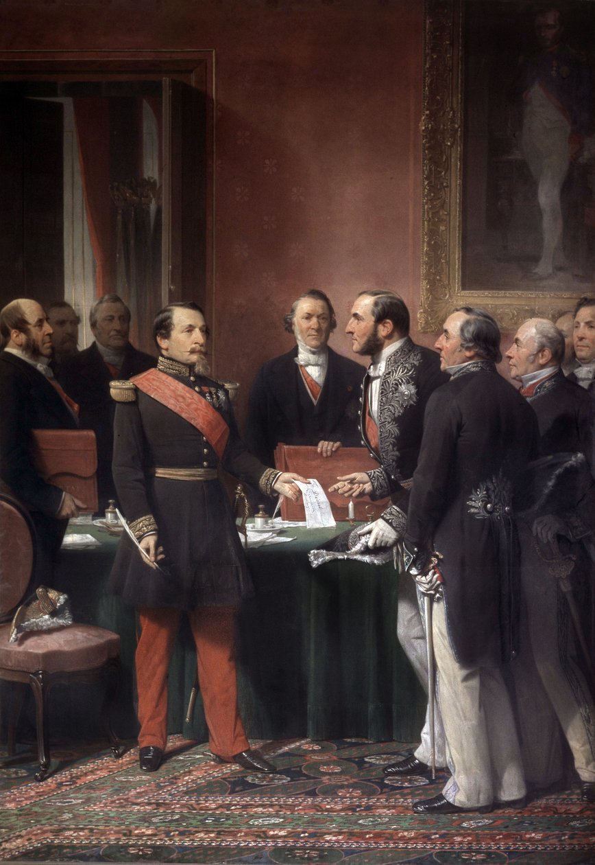 Ranskan keisari Napoleon III antoi paroni Haussmannille asetuksen Pariisin esikaupunkien liittämisestä kesäkuussa 1859 tekijältä Adolphe Yvon