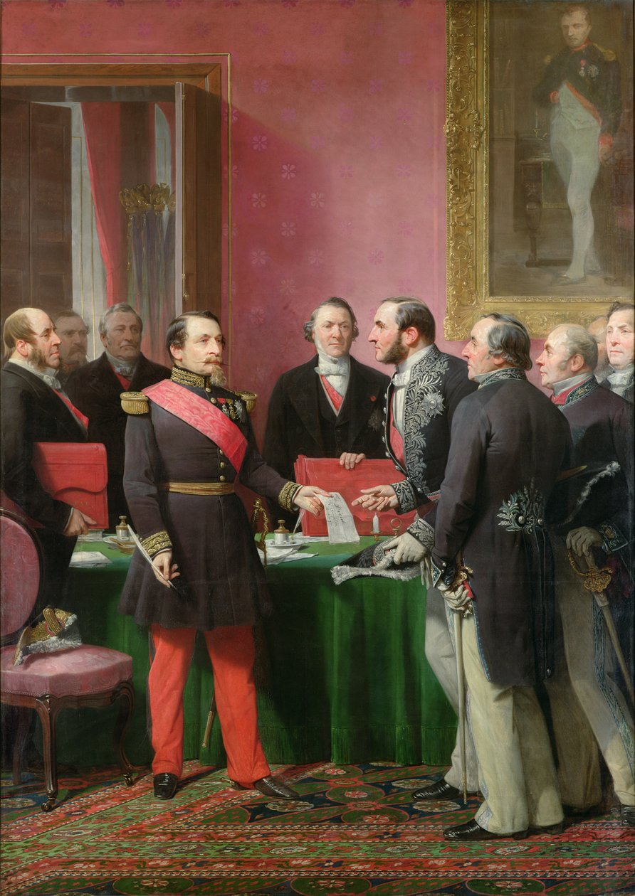 Napoleon III (1808-73) luovuttaa asetuksen Pariisin esikaupunkikuntien liittämisestä paroni Georges Haussmannille (1809-91) kesäkuussa 1859 tekijältä Adolphe Yvon