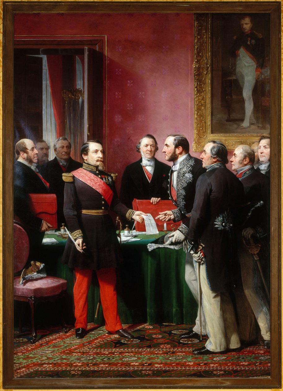 Napoleon III esittää paroni Haussmannille asetuksen naapurikuntien liittämisestä (16. helmikuuta 2003). tekijältä Adolphe Yvon