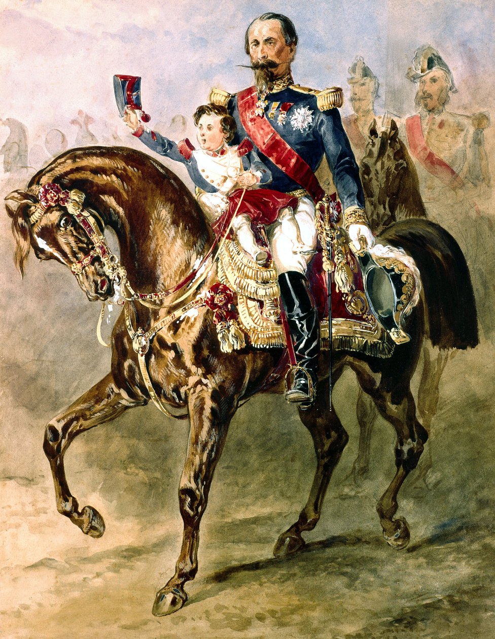 Napoleon III poikansa Louis Napoleonin ratsastushevosen kanssa tekijältä Adolphe Yvon