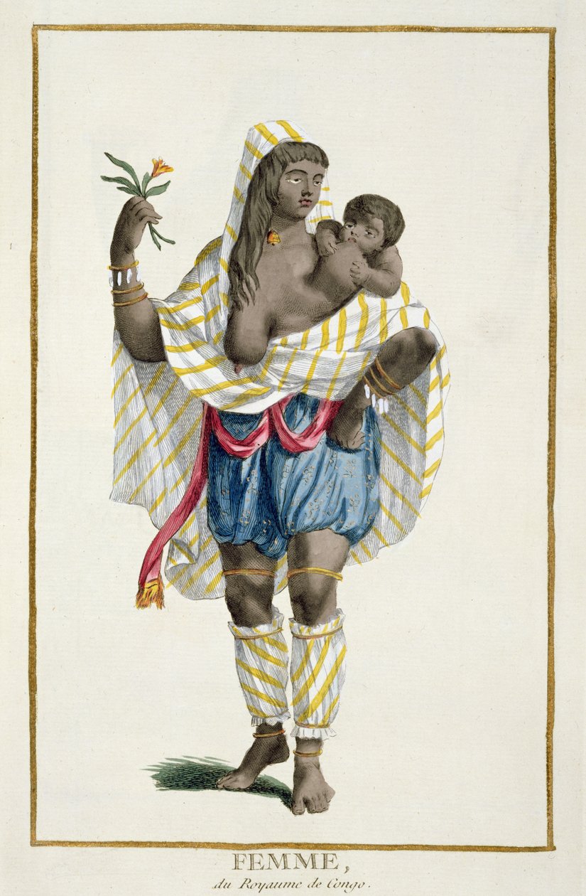 Nainen Kongosta, kirjasta "Recueil des Estampes, joka edustaa rivejä ja arvokkaita, kaikkien olemassa olevien kansakuntien puvun mukaan", kaivertanut Pierre Duflos (1742-1816), julkaistu 1780 (ha) tekijältä Adriaan Schoonebeek