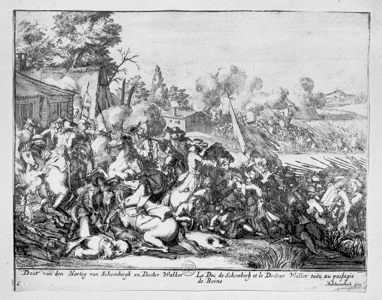 Duc de Schomberg ja tohtori Walker kuolevat Boynen taistelussa, 1690. tekijältä Adriaan Schoonebeek