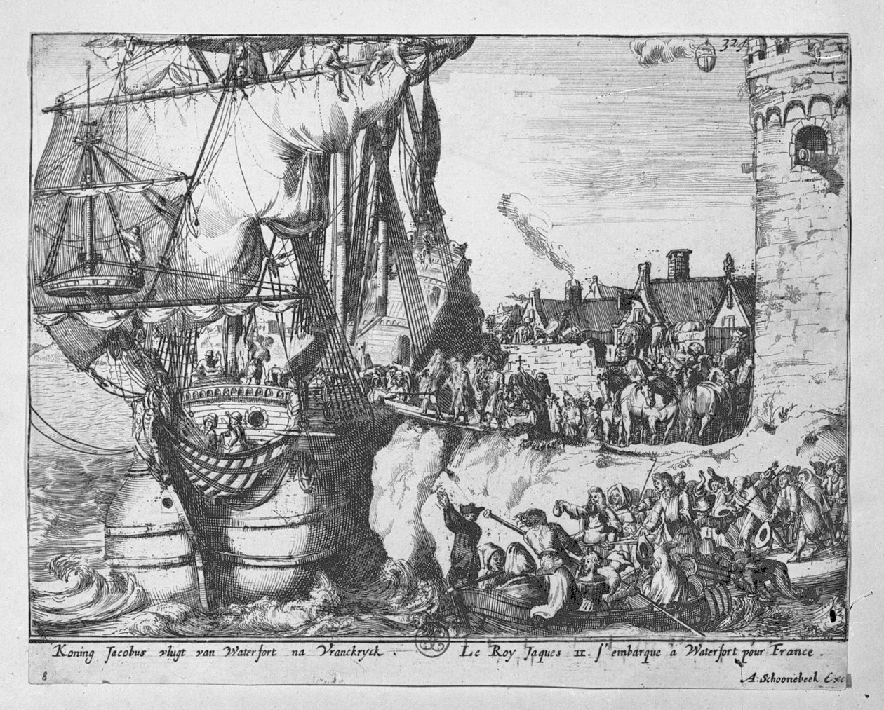 Kuningas Jaakko lähtee Irlannista hävittyään Boynen taistelussa vuonna 1690. tekijältä Adriaan Schoonebeek
