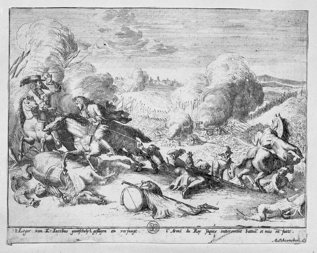 Kuningas Jamessin joukot häviävät Boynen taistelussa ja pakenevat, 1690. tekijältä Adriaan Schoonebeek