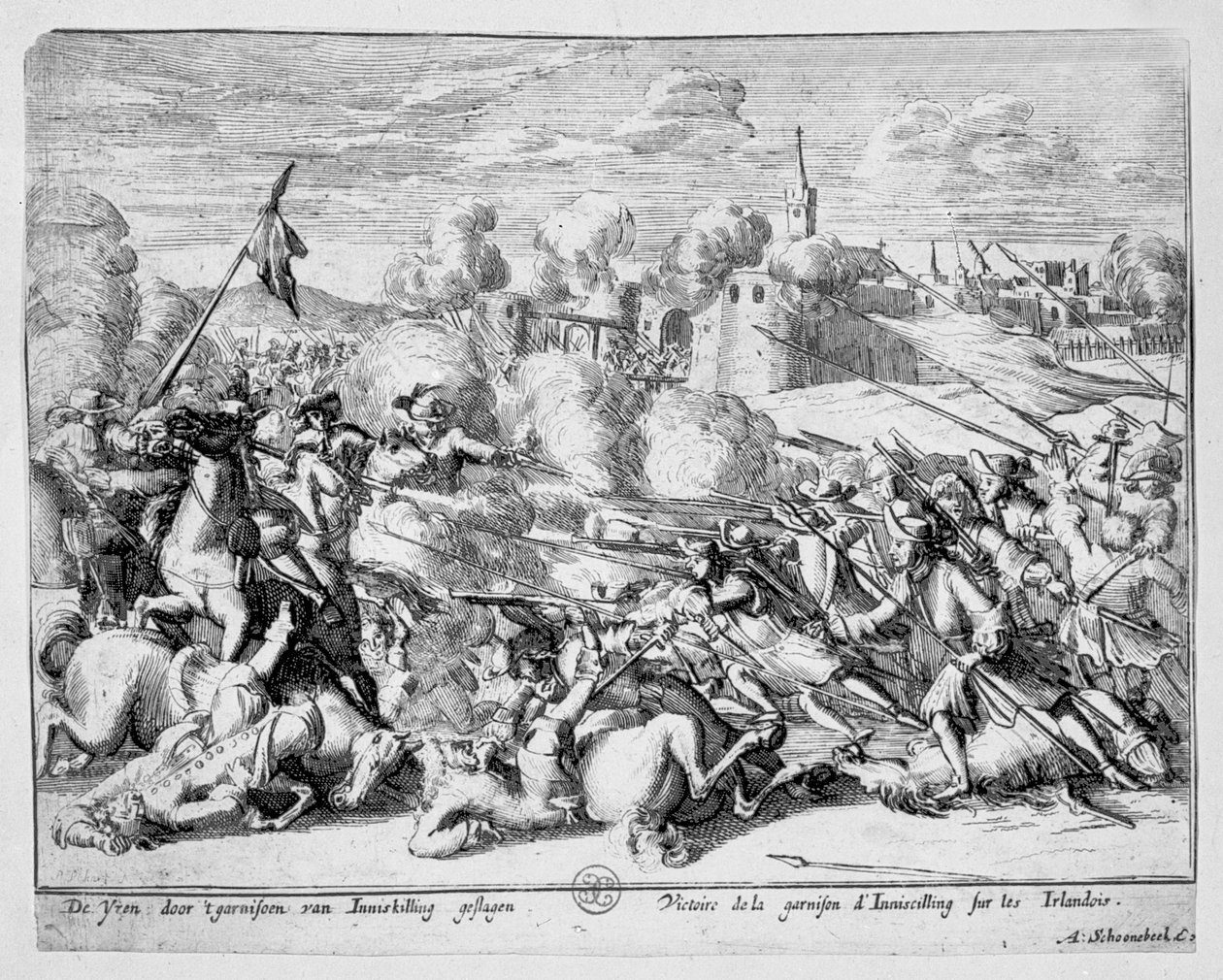 Enniskillenin varuskunta puolustaa kaupunkia Jaakob II:lta, 1689. tekijältä Adriaan Schoonebeek