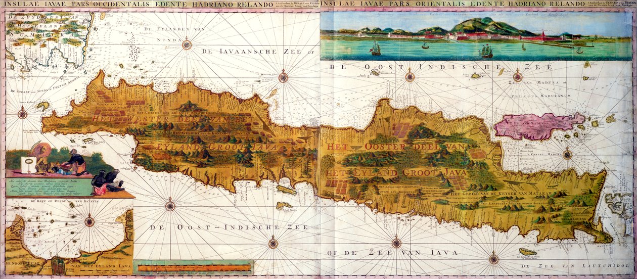 Insulae lavae, un gran mapa plegable de Java amb dues insercions que representen vistes de Batavia (Jakarta) holandès, publicat per Gerard van Keulen, Amsterdam, c.1715 (gravat en colors) finlandès tekijältä Adriaan Reland