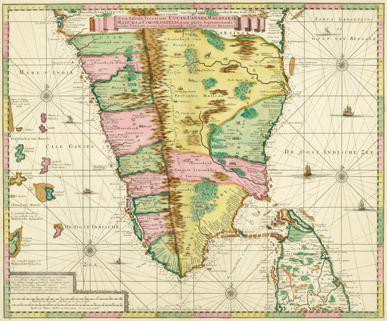 Etelä-Intian ja Ceylonin kartta hollantilaisen kartografin Adriaan Relandin noin vuonna 1720 tekemän teoksen perusteella tekijältä Adriaan Reland