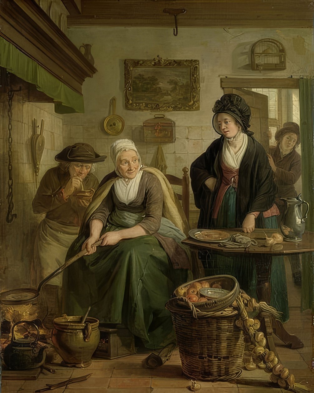 Nainen leipoo pannukakkuja. Noin 1790-1810 tekijältä Adriaan de Lelie