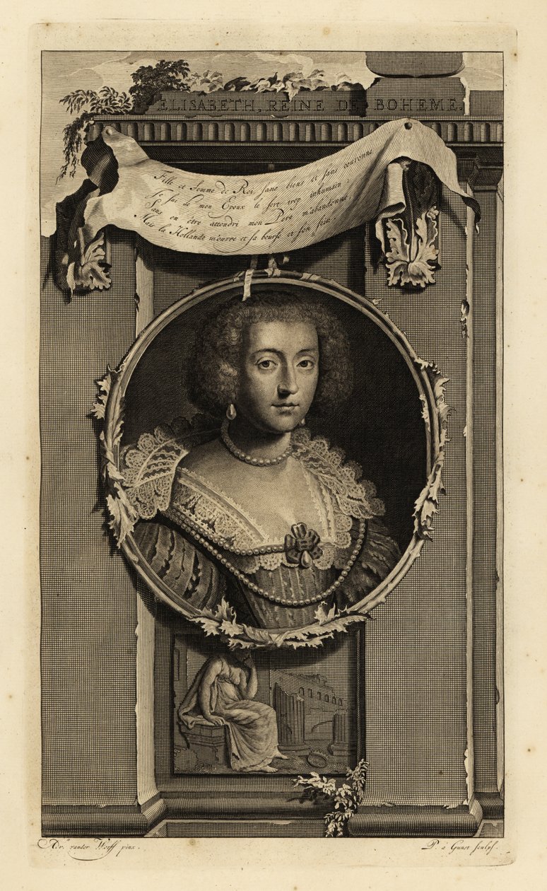 Elisabeth Stuart, Böömin kuningatar, Pfalzin vaalitar, talvikuninkaan Frederick V:n vaimo. Elisabeth, Reine de Boheme. Mekossa, jossa reilut hihat, helmiäinen pitsikaulus. Naisen vinjetti pohtimassa pudonnutta kruunua. Kuparilevykaiverrus tekijältä Adriaan van der (after) Werff