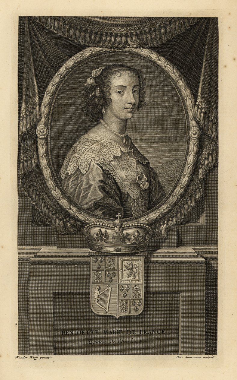 Henrietta Maria Ranskasta, Englannin kuninkaan Kaarle I:n vaimo. Henriette Marie de France. Mekossa pitsikaulus, helmikaulakoru. Kruunu ja vaakuna. Charles Simonneaun kuparikaiverrus Adriaen van der Werffin mukaan Isaac de Larreyn teoksesta H tekijältä Adriaan van der (after) Werff