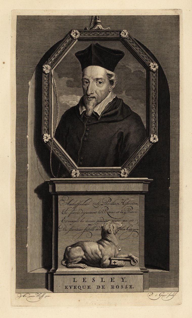 John Lesley, skotlantilainen historioitsija ja Rossin piispa. Rossen piispa. Koira avaimella. Pieter Stevens van Gunstin kuparikaiverrus Adriaen van der Werffin mukaan Isaac de Larreyn teoksesta Histoire d