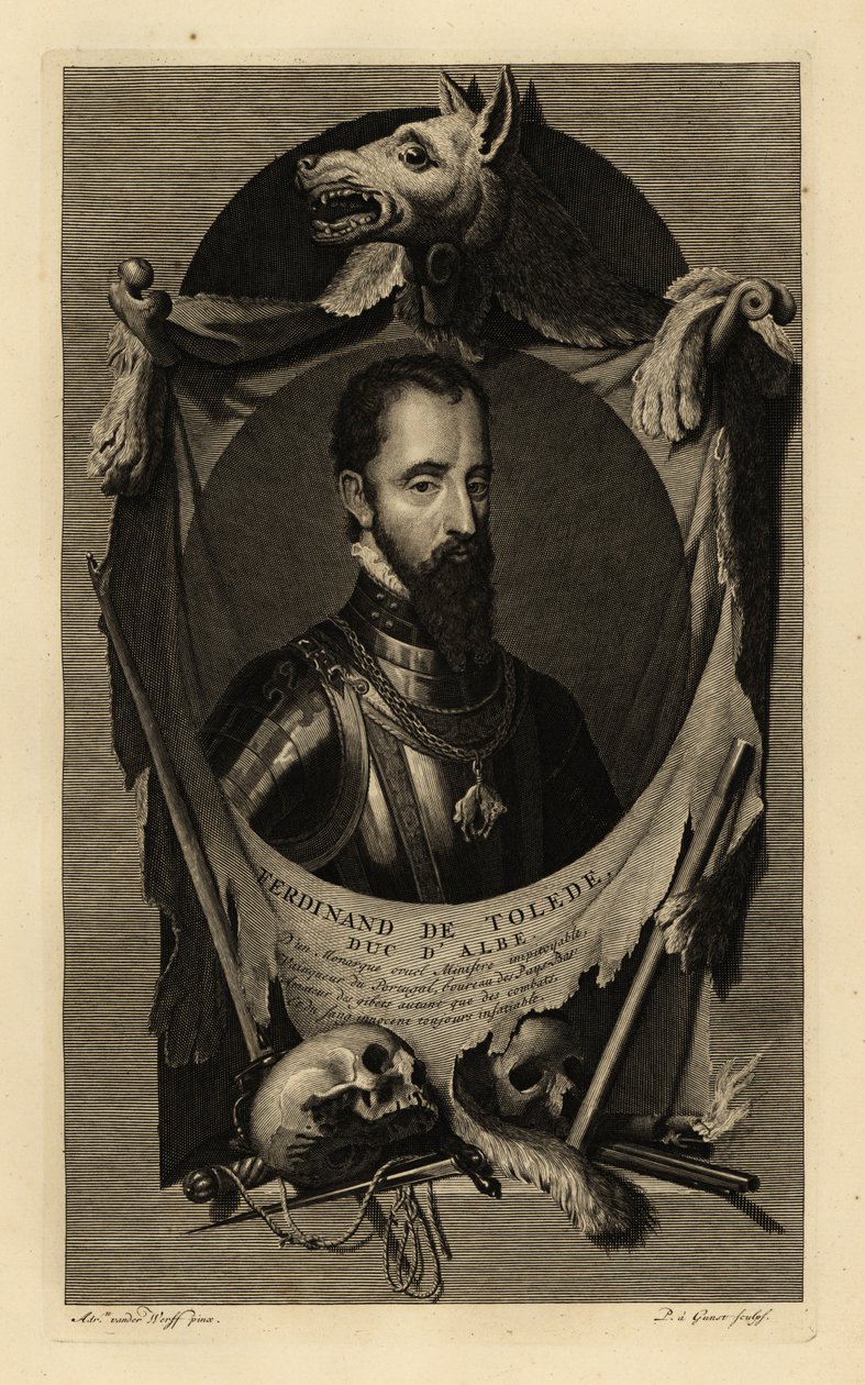 Muotokuva Ferdinand Alvarez de Toledo y Pimentelistä, Alban kolmannesta herttuasta eli rautaherttuasta. Haarniskapuvussa kultaisen fleecen ketjulla. Mukana sudennahkaa, ihmisen kallot, miekka, tikari ja piikivipistooli. Ferdinand de Tolede, Duc d’Albe. Kup tekijältä Adriaan van der (after) Werff