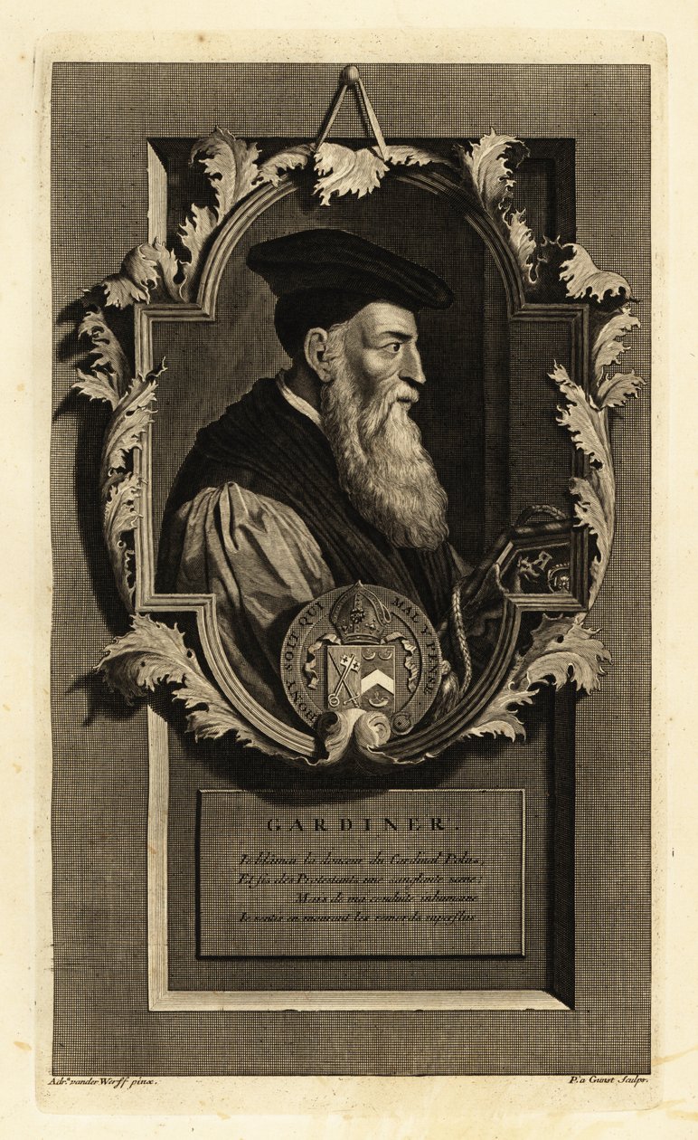 Winchesterin piispan ja poliitikon Stephen Gardinerin muotokuva. Vaakuna. Pieter Stevens van Gunstin kuparikaiverrus Adriaen van der Werffin mukaan Isaac de Larreyn teoksesta Histoire d