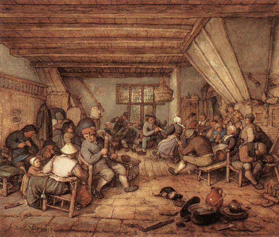 Dansende, drinkende ja musicerende boeren in een herberg tekijältä Adriaen Jansz. van Ostade