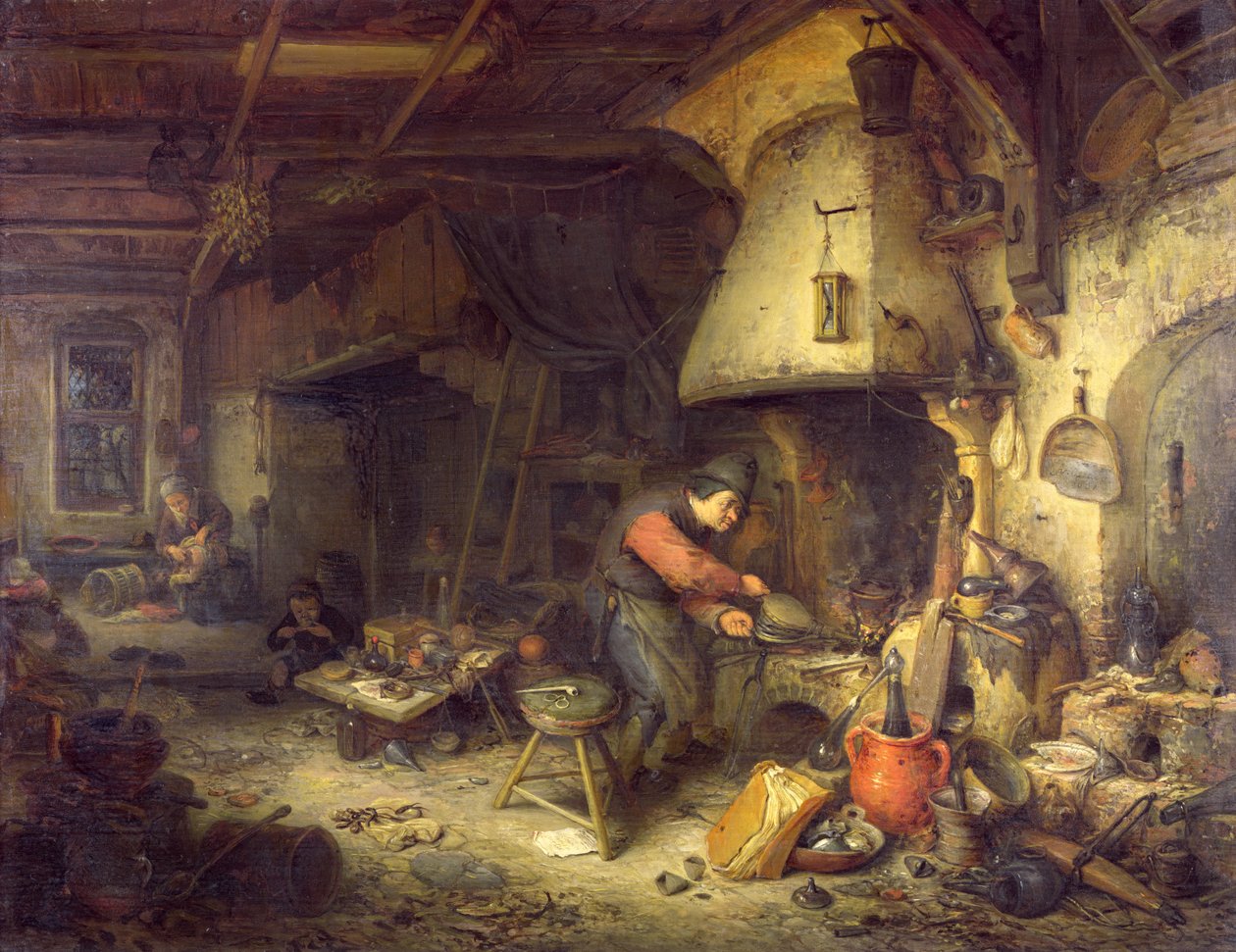 Alkemisti, 1611 (öljy tammen päällä) tekijältä Adriaen Jansz. van Ostade