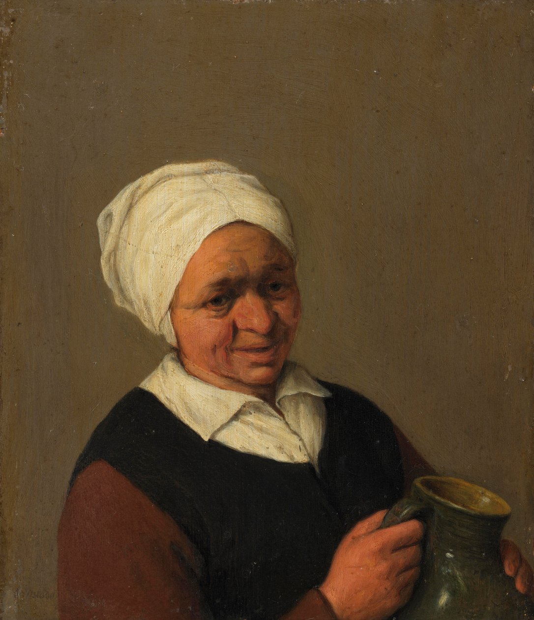 Vanha talonpoikanainen pitelee kannua, n. 1643 tekijältä Adriaen Jansz. van Ostade