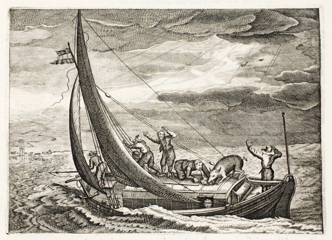 Mies, jolta puuttuu usko, kuvitus Johannes de Brunen (1589-1658) teoksesta "Emblemata of Zinne-werk", Jan Jacobs Schipper, Amsterdam, 1661. tekijältä Adriaen Pietersz van de Venne