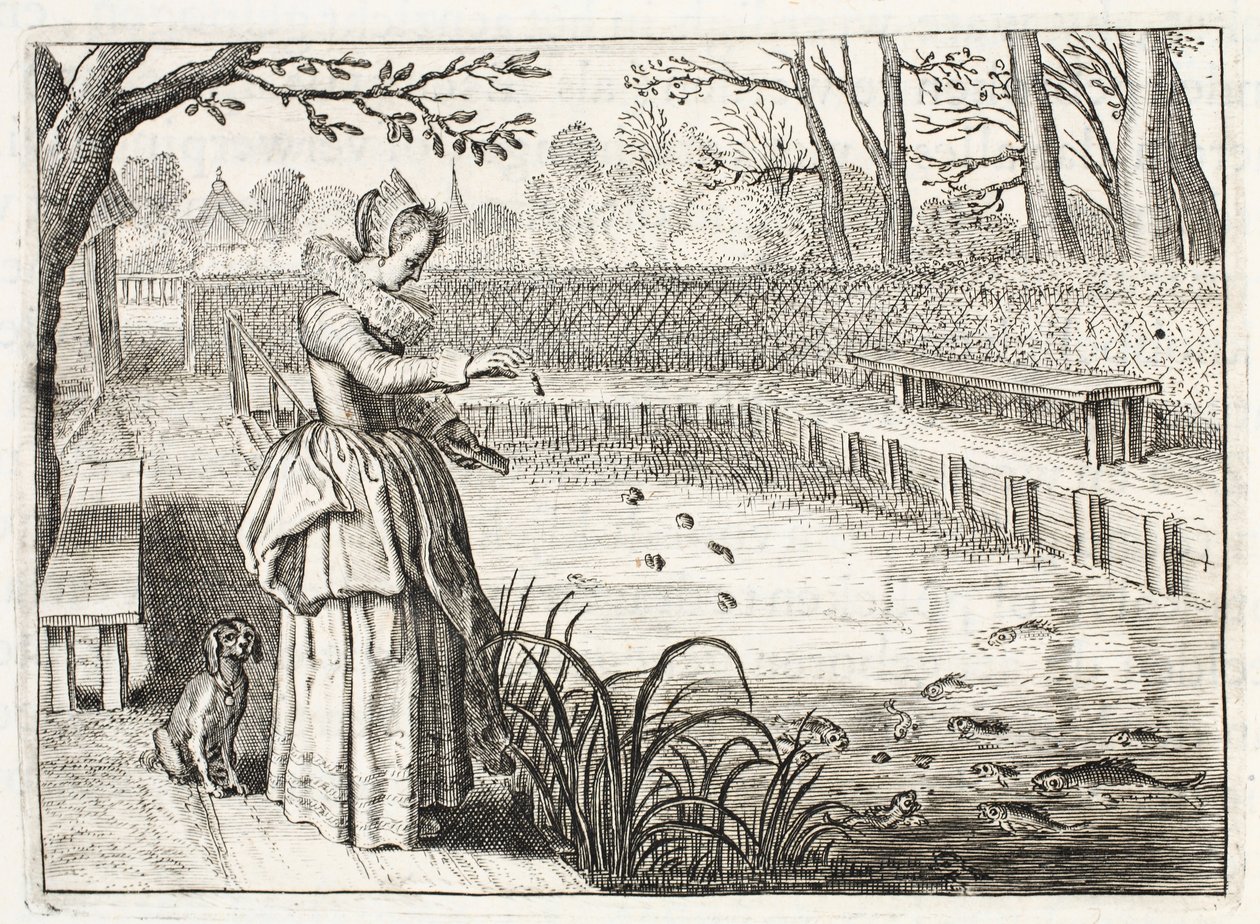 Kalan ruokkiminen, kuvitus Johannes de Brunen (1589-1658) teoksesta "Emblemata of Zinne-werk", Jan Jacobs Schipper, Amsterdam, 1661. tekijältä Adriaen Pietersz van de Venne