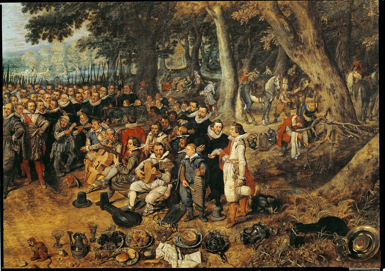 Allegoria vuoden 1609 aselevosta Alankomaiden ja Espanjan välillä, yksityiskohta muusikoista oikealla tekijältä Adriaen van de Venne