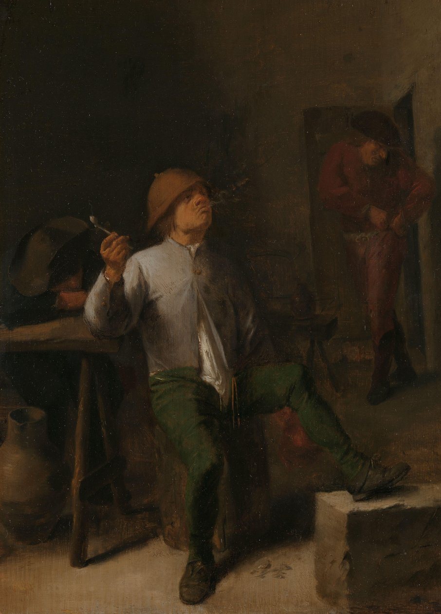 Tupakoitsija Mies tupakointi tavernassa tekijältä Adriaen Brouwer (attributed to)
