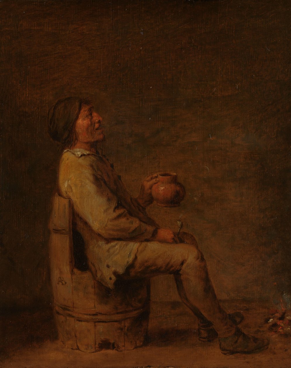 Istuva mies pitelee putkia ja kannua sisätiloissa tekijältä Adriaen Brouwer (possibly copy after)