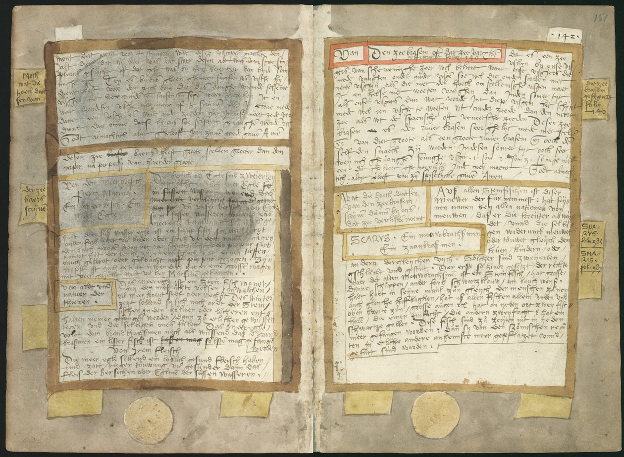 Adriaen Coenenin Visboeck - KB 78 E 54 - folio 150v (vasen) ja 151r (oikea) tekijältä Adriaen Coenen