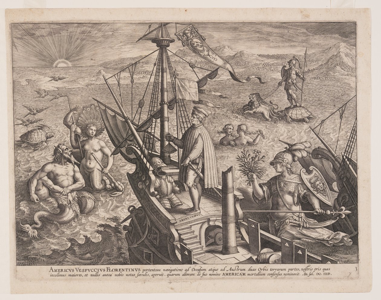 Amerigo Vespucci aluksellaan, Amerikka-aiheesta Americae Retectio (Amerikan löytäminen). tekijältä Adriaen Collaert