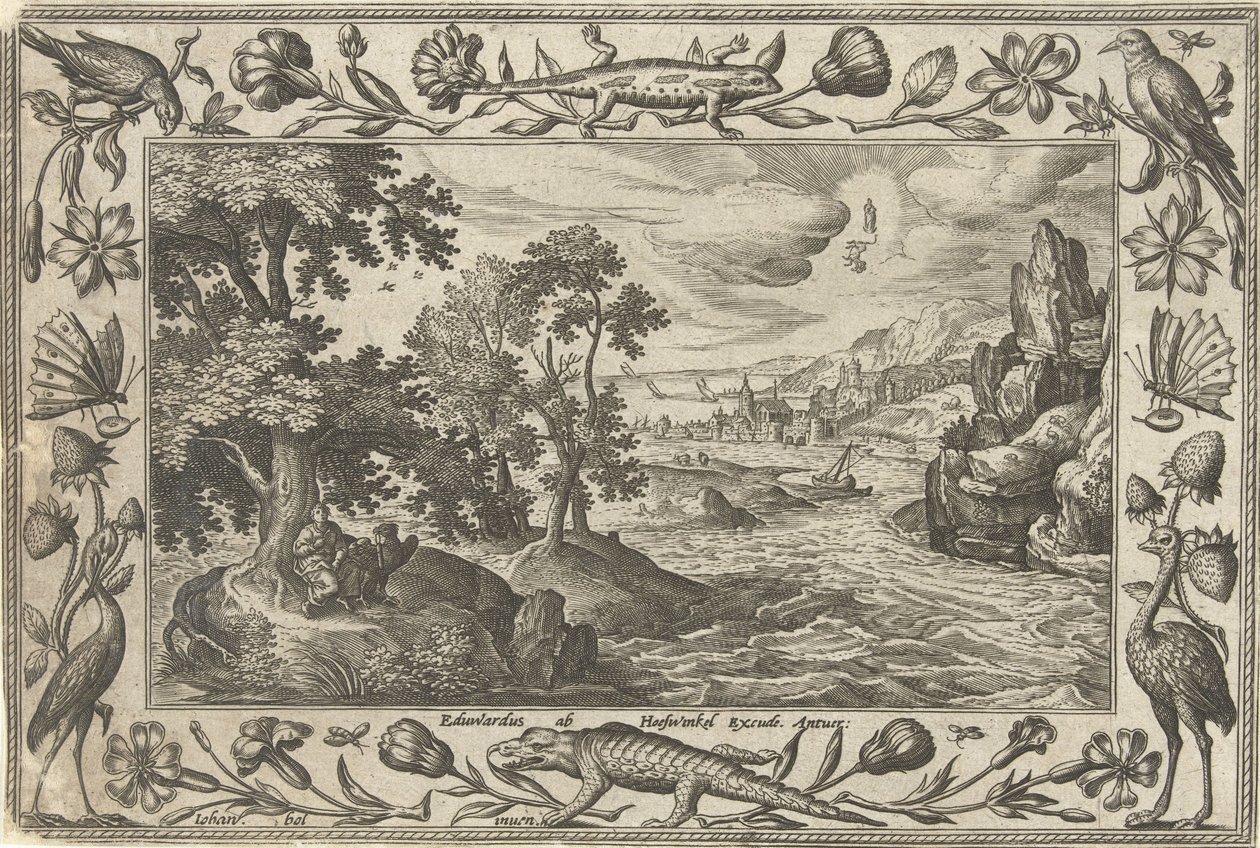Apostoli Johannes Patmoksella Maisemat, joissa on raamatullisia, mytologisia kohtauksia ja metsästyskohtauksia (sarjan nimi) tekijältä Adriaen Collaert