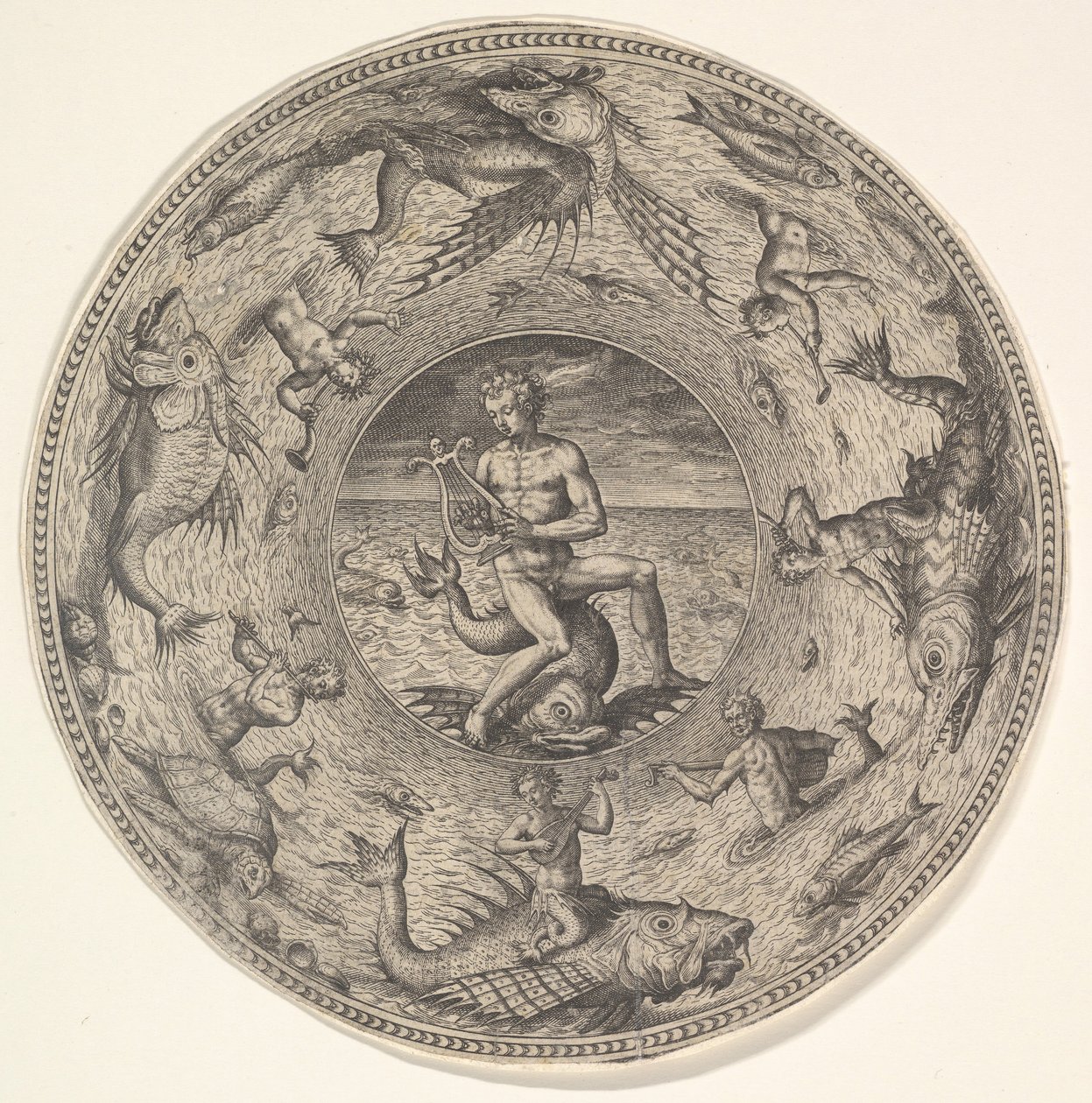 Arion delfiinillä, jota ympäröi merieläimillä koristeltu raja, sarjasta..., 1580-1600. tekijältä Adriaen Collaert