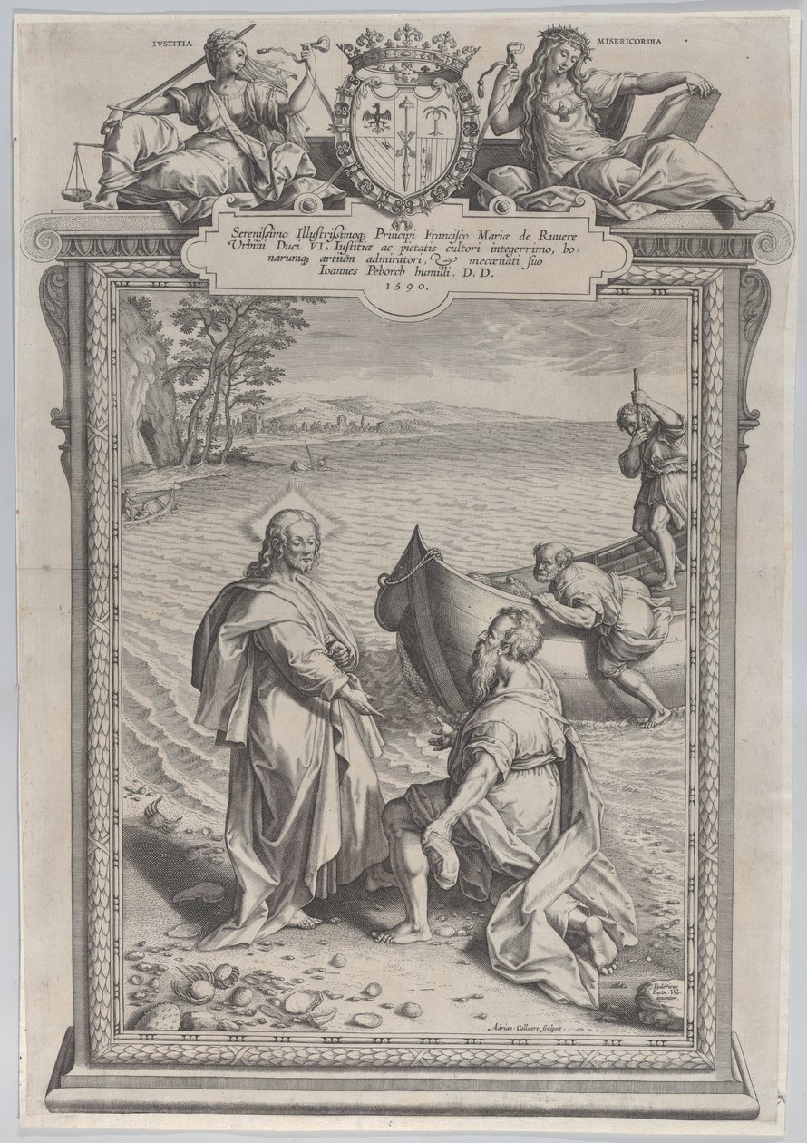 Kristus kutsuu Pyhän Andreaksen, joka polvistuu hänen edessään rannalla, ja Pyhän Pietarin, joka kiipeää..., 1590. tekijältä Adriaen Collaert