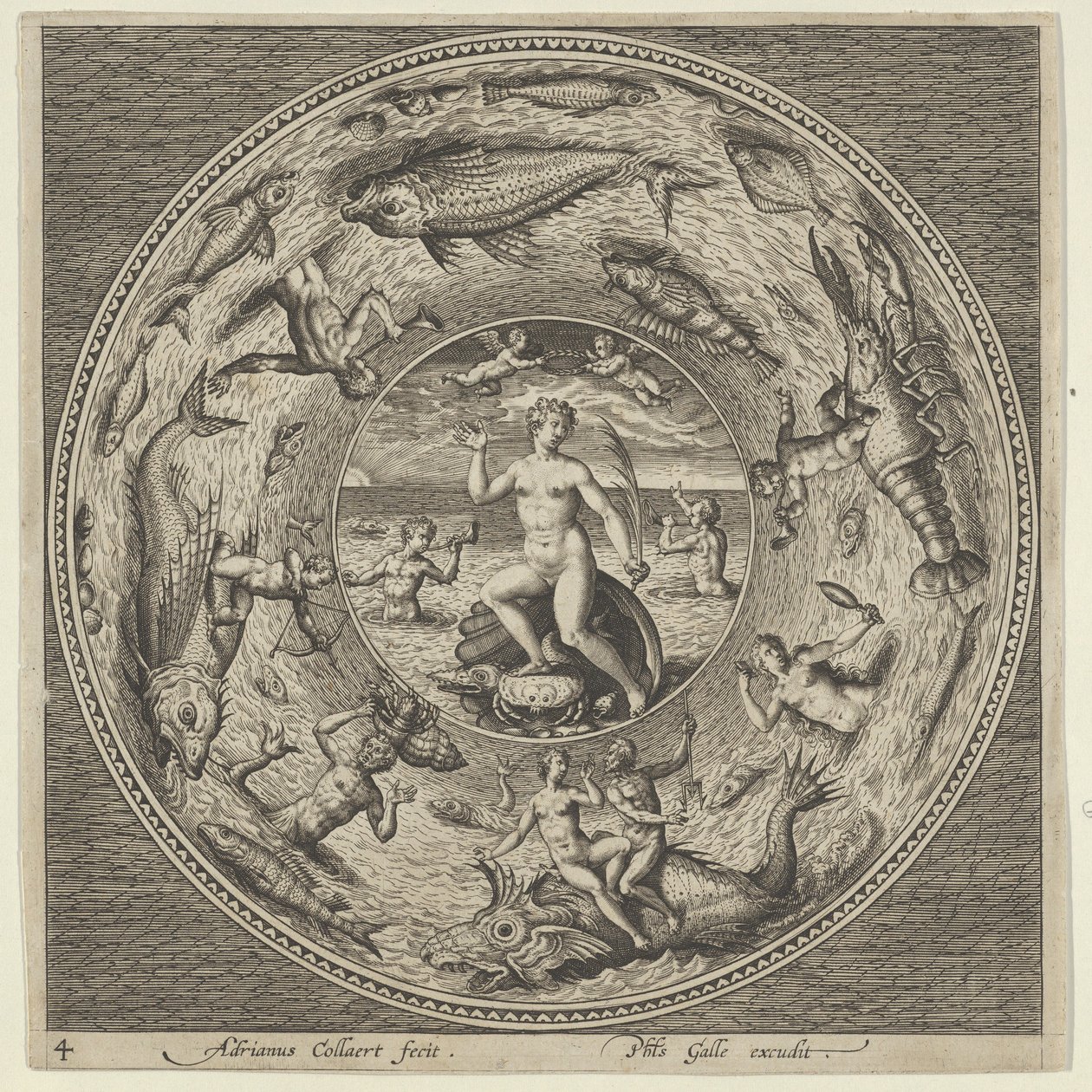 Suunnittelu lautaselle, jonka kuoressa on Galatea, jota reunustavat trumpetistit medaljongin reunassa..., c1600. tekijältä Adriaen Collaert