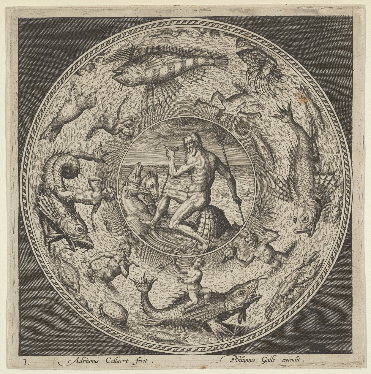 Suunnittelu lautaselle, jossa on Neptunus kuoressa, jonka hevoset piirtävät medaljonkiin Reunustaa ..., c1600. tekijältä Adriaen Collaert