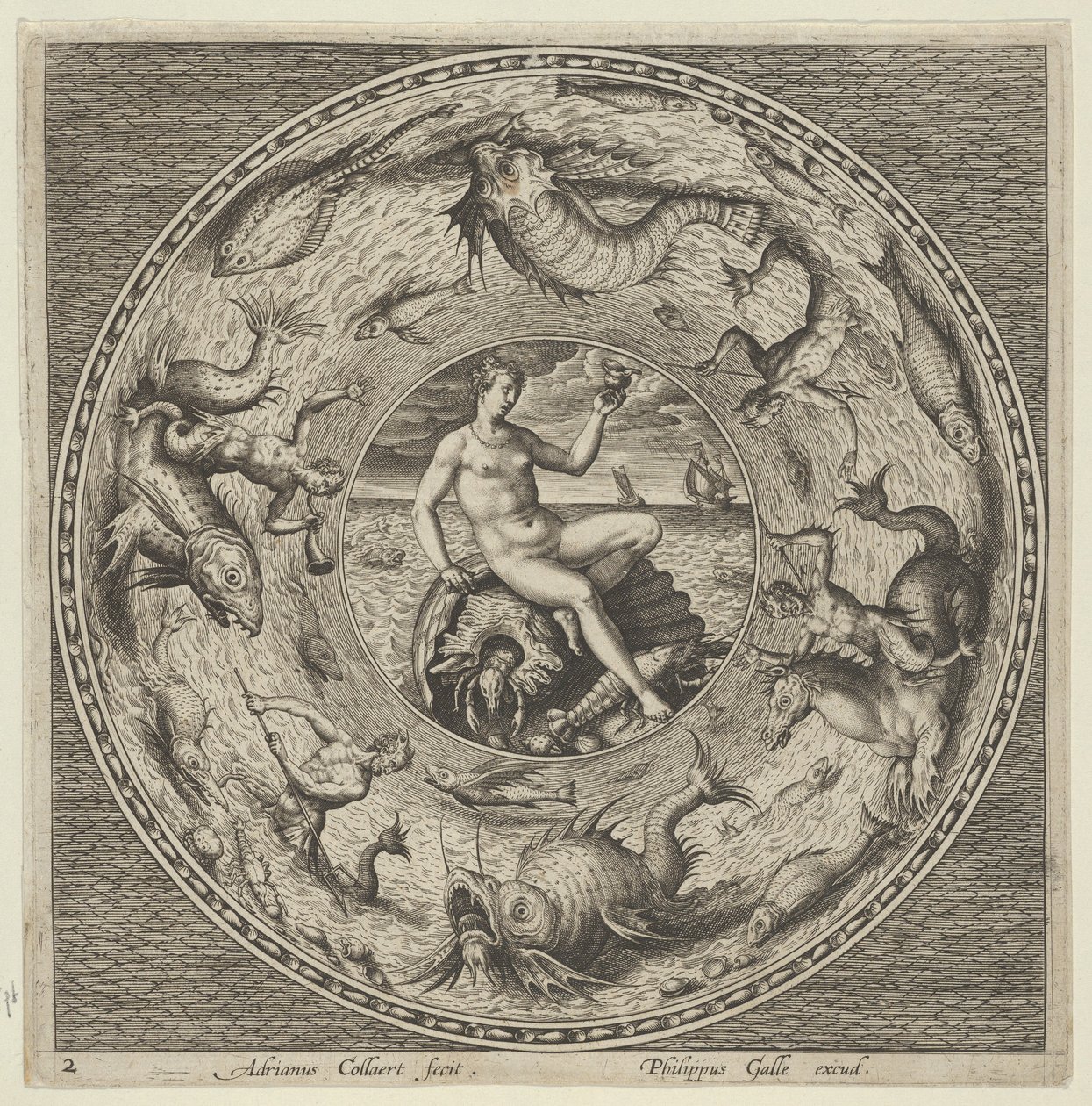 Suunnittelu lautaselle, jossa on Thetis kuoren päällä medaljonissa, jota reunustavat Sea Monsters, c1600. tekijältä Adriaen Collaert