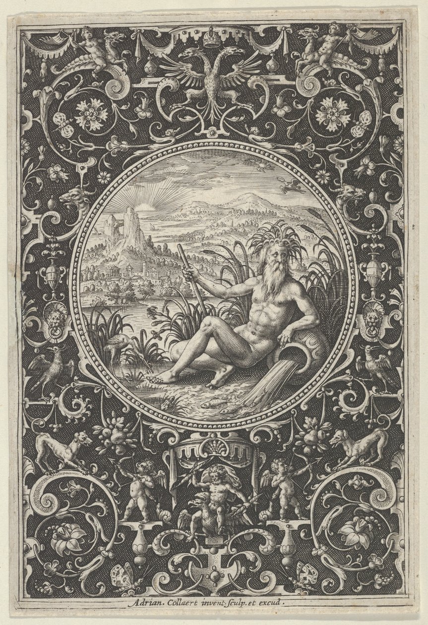 Neptunus koristeellisessa kehyksessä, jossa on groteskeja, Pariisin tuomiosta, n. 1580-1600. tekijältä Adriaen Collaert