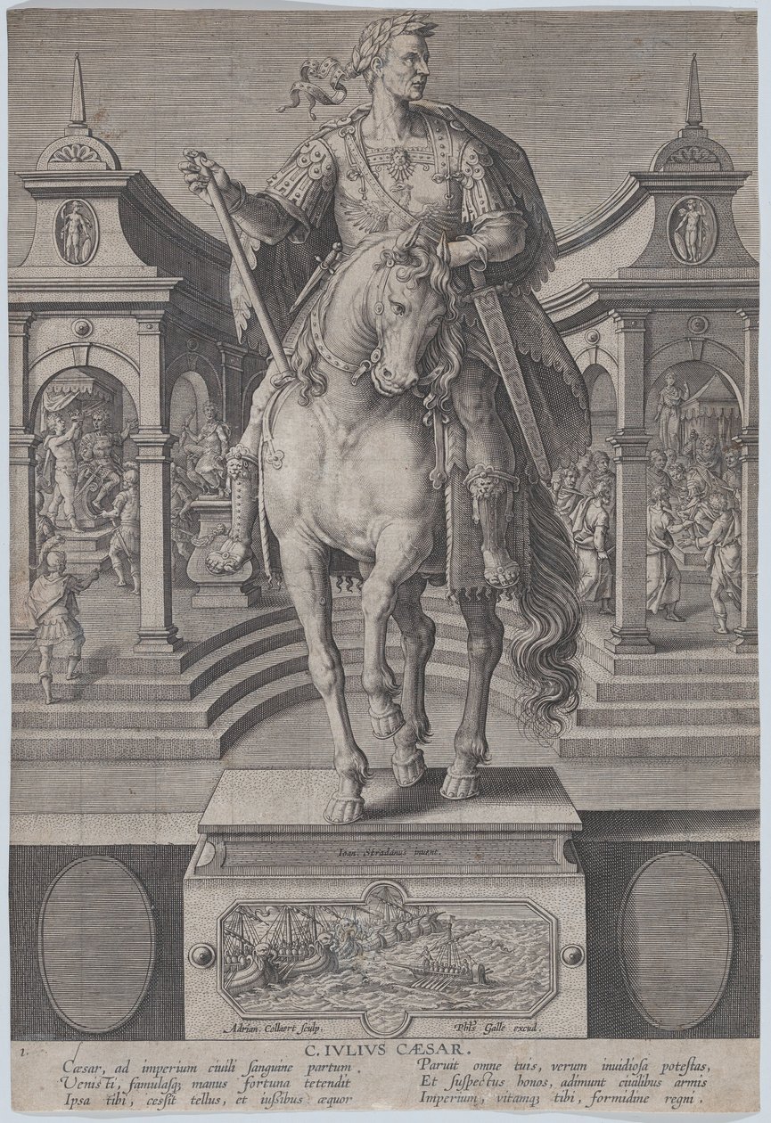 Levy 1: Julius Caesarin hevospatsas edestä katsottuna, jossa kohtaus..., n. 1587-89. tekijältä Adriaen Collaert