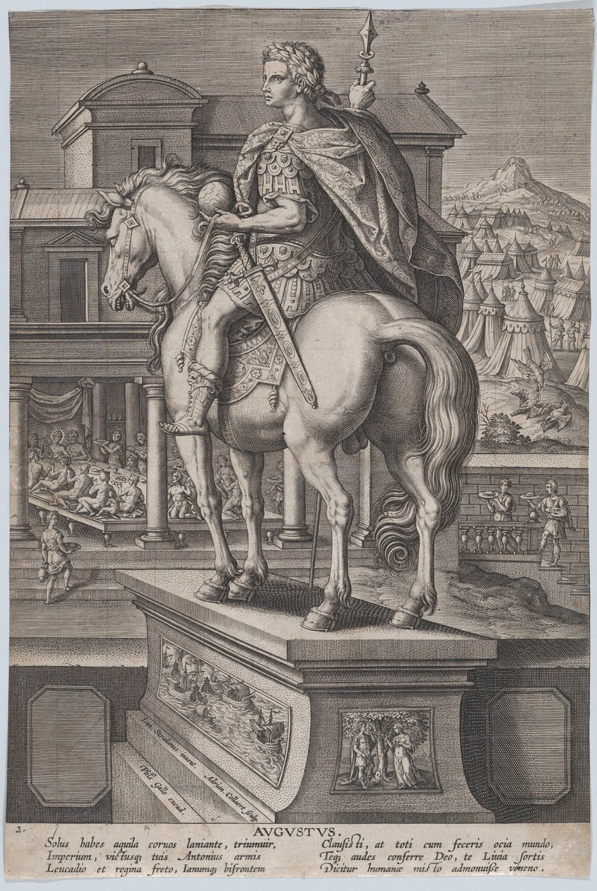 Levy 2: Augustuksen hevospatsas, kädessään maapallo ja takaa katsottuna, jossa ..., n. 1587-89. tekijältä Adriaen Collaert