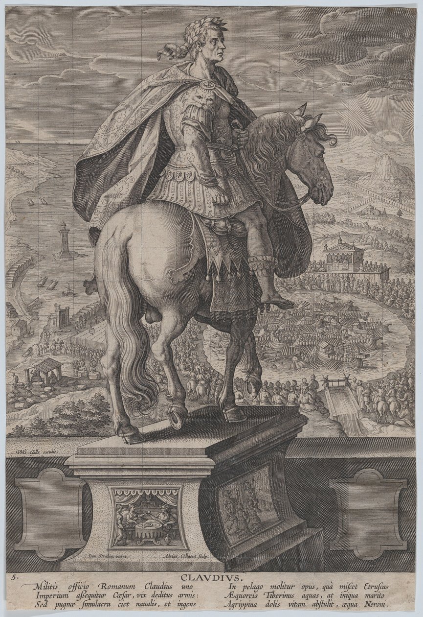 Levy 5: Claudiuksen ratsastuspatsas takaa katsottuna, merivoimien kilpailu ri..., n. 1587-89. tekijältä Adriaen Collaert