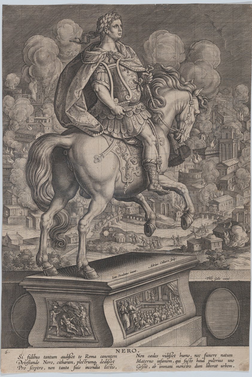 Levy 6: Neron ratsastuspatsas takaa katsottuna, Rooman suuri tulipalo..., n. 1587-89. tekijältä Adriaen Collaert