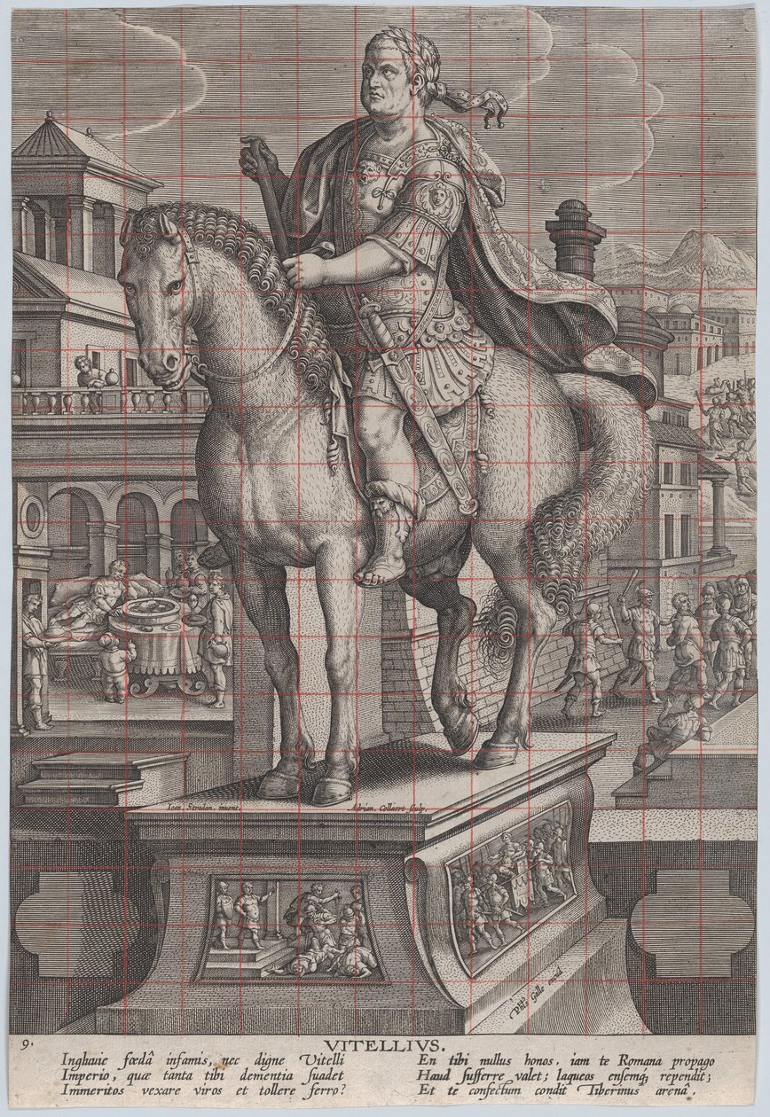 Levy 9: Vitelliuksen hevospatsas, nähtynä kolme neljäsosaa vasemmalla, hänen ..., n. 1587-89. tekijältä Adriaen Collaert