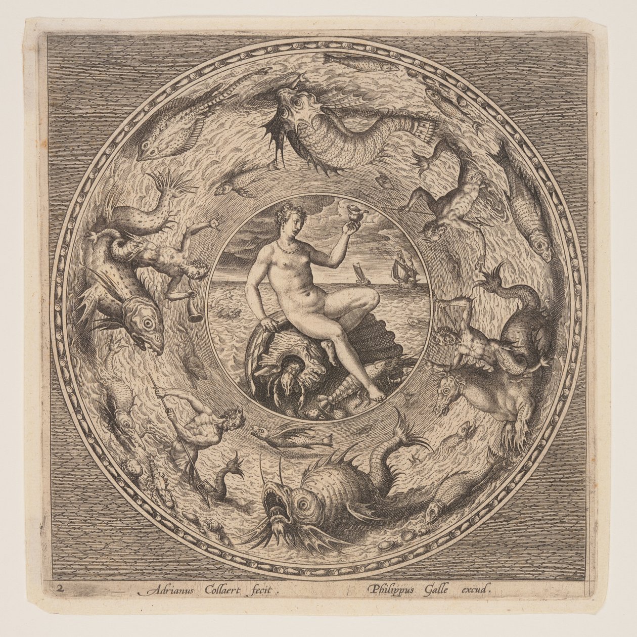 Thetis kuorella, lautasmallisarjasta (Fonds de Coupe). tekijältä Adriaen Collaert