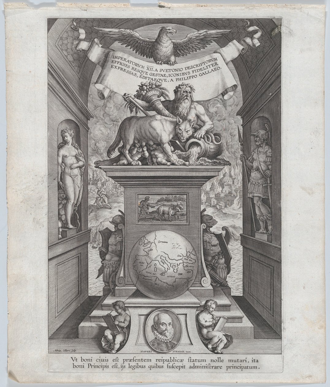 Nimisivu teokselle "Roomalaiset keisarit hevosella", n. 1587-89. tekijältä Adriaen Collaert