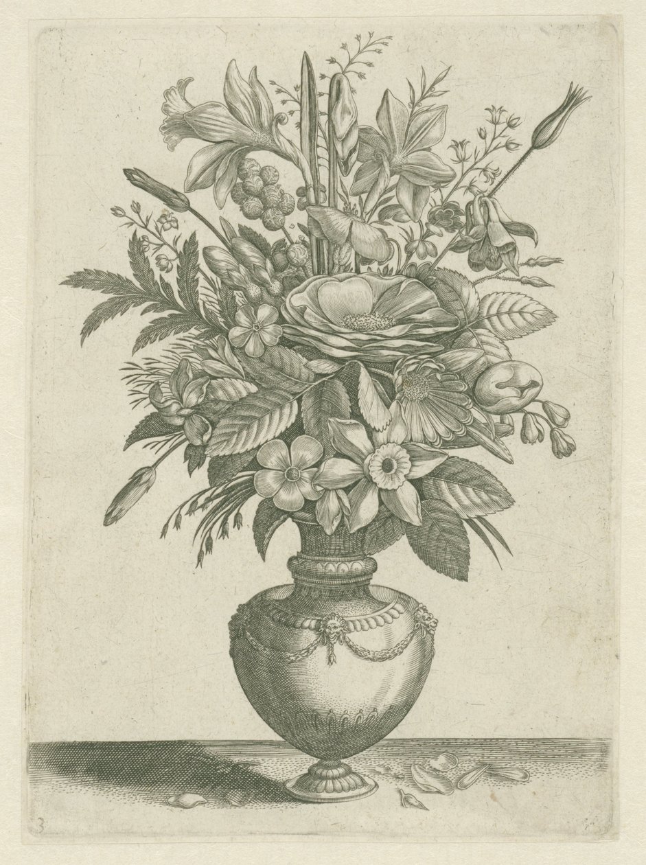Maljakko kukilla, mukaan lukien trumpetti narsissit Florilegium (sarjan nimi) tekijältä Adriaen Collaert