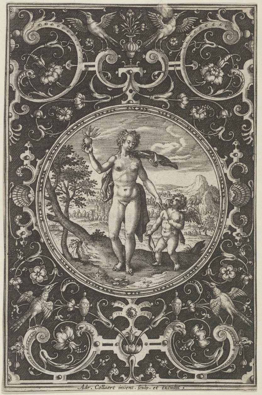 Venus ja Amor koristeellisessa kehyksessä groteskeilla, Pariisin tuomiosta..., n. 1580-1600. tekijältä Adriaen Collaert