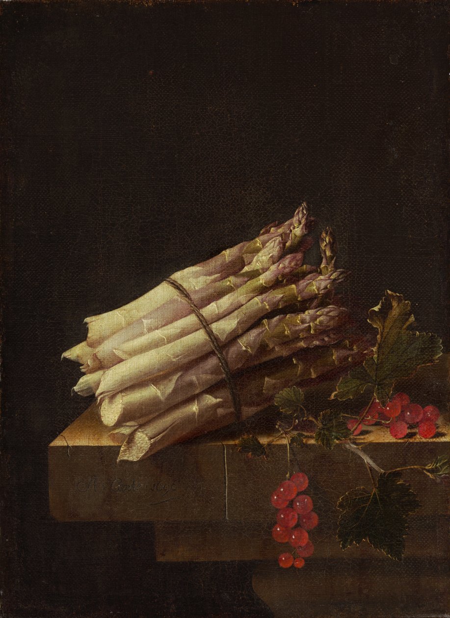Stillleben mit Spargel und roten Johannisbeeren tekijältä Adrian Coorte