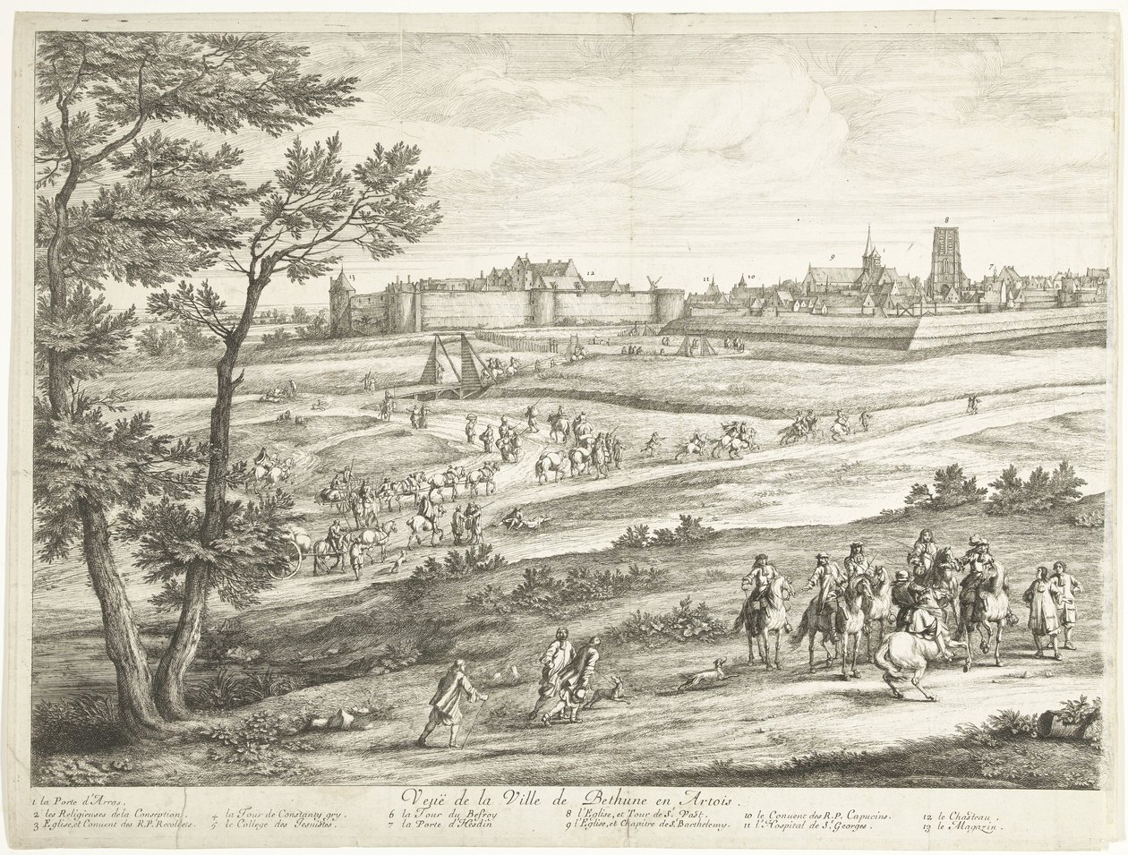 Näkymä Bethunesta (vasen arkki) Veuë de la Ville de Bethune en Artois (otsikko esineessä) tekijältä Adriaen Frans Boudewyns