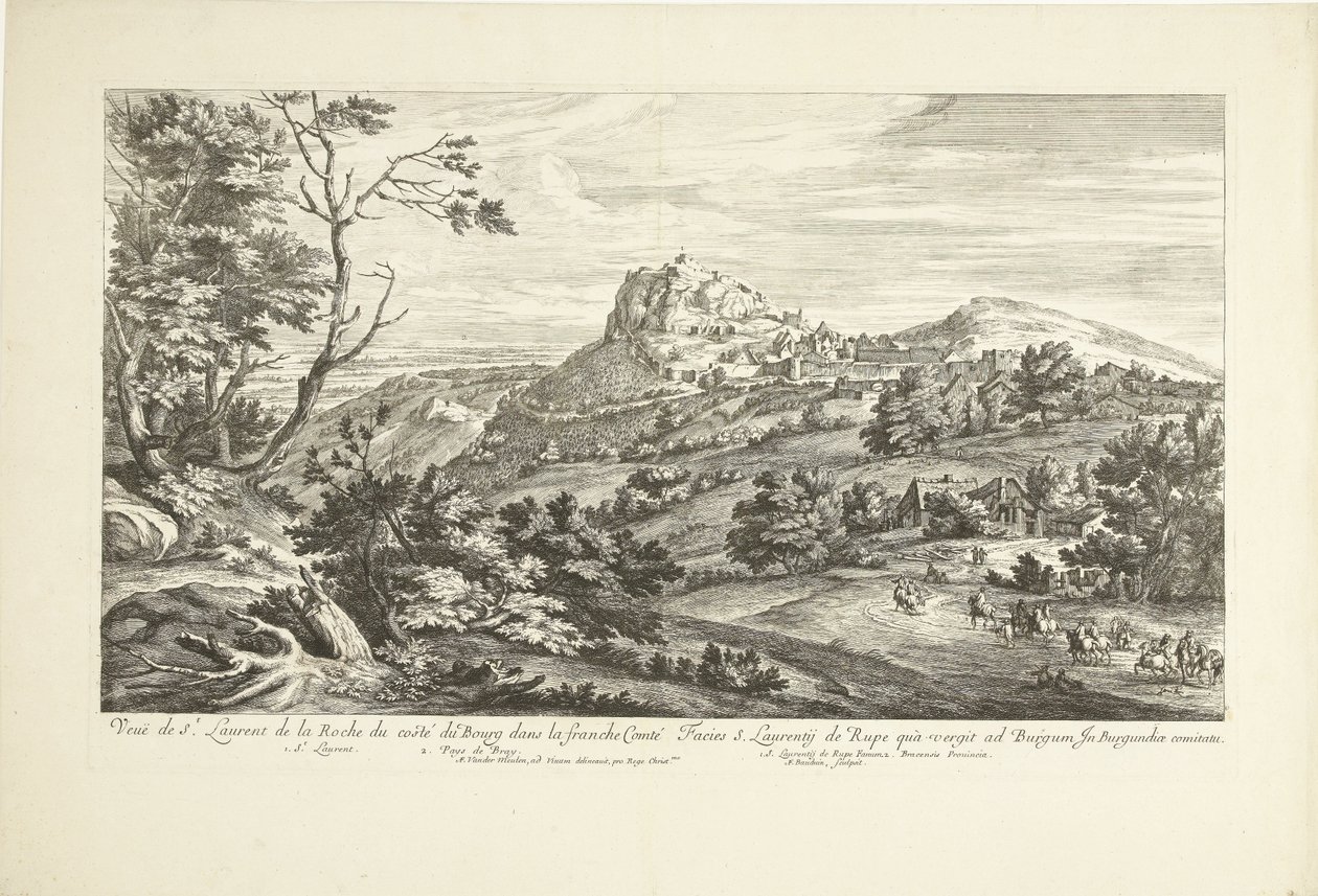 Gezicht op Saint Laurent de la Roche Näkymä St. Laurent de la Rochelle Costé du Bourgista Franche Comtéssa (otsikko esineessä) tekijältä Adriaen Frans Boudewyns