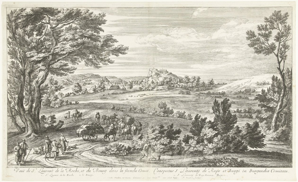 Gezicht op Saint Laurent de la Roche Näkymä St. Laurent de la Rochelle ja Bourgille Franche-Comtéssa (otsikko esineessä) tekijältä Adriaen Frans Boudewyns